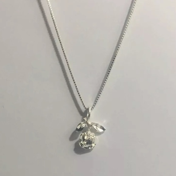 Sterling Silver Single Short Stem Rose Necklace - Picture 2 of 2